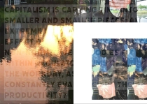 page spread from "Comedown - Sunrise Ceremony" book that shows a series of images fragmented in a grid with white spaces, and text overtop that reads "Capitalism is carving time into smaller and smaller pieces."